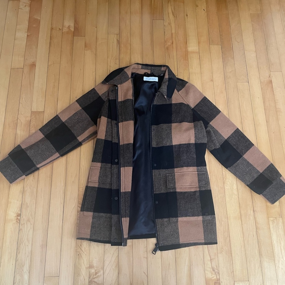 Calvin Klein brown and black checkered coat missing belt